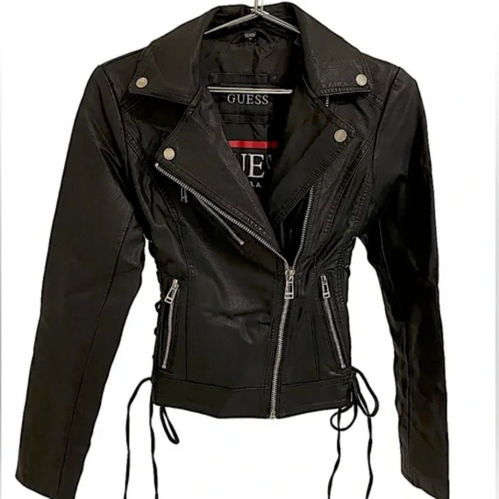 GUESS Faux Leather Lace-Up Jacket, Black Size: Small